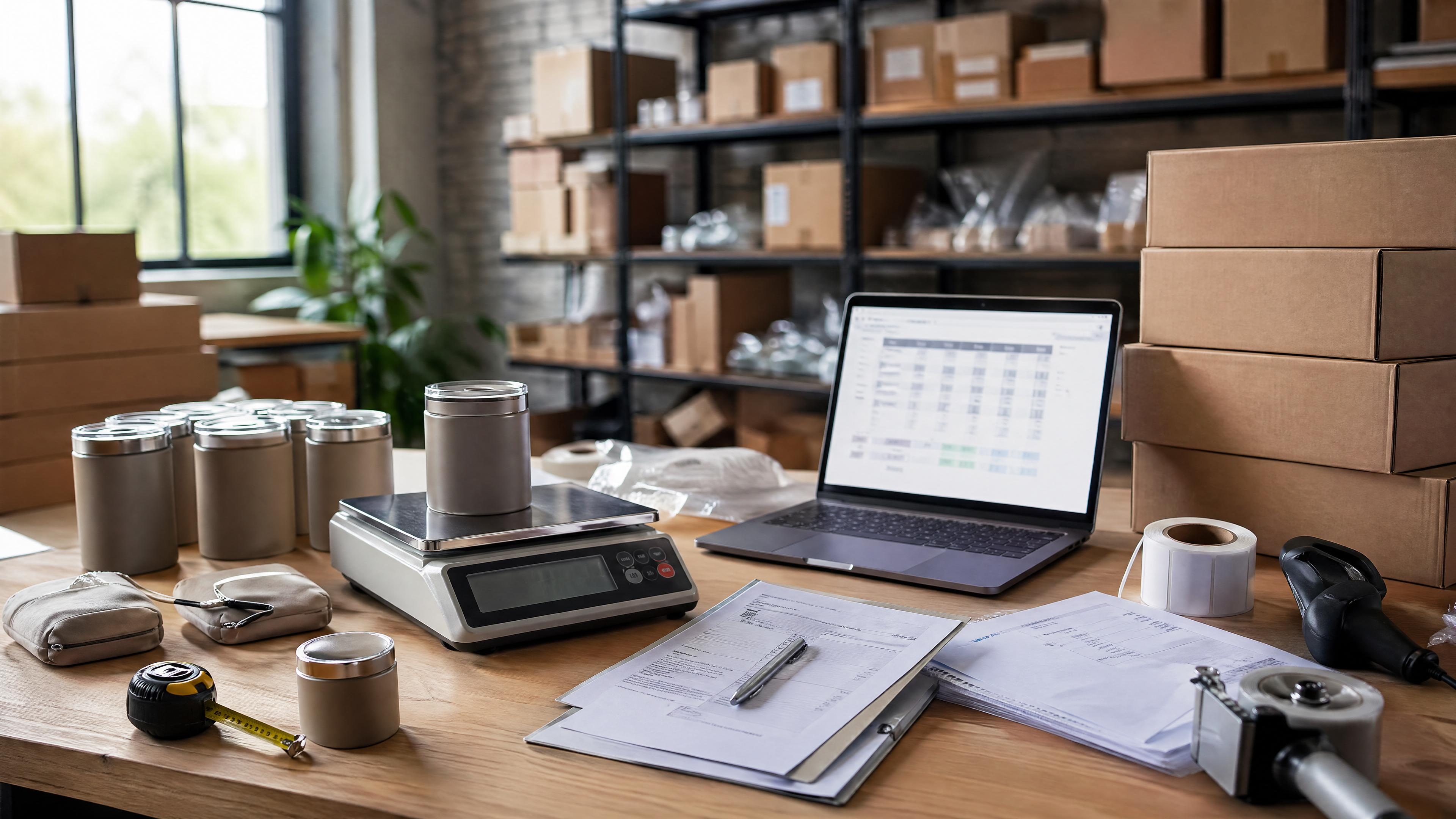 Editorial photo of an ecommerce packing table with product units, fulfillment cartons, a scale, customs paperwork, and a blurred landed-cost spreadsheet.