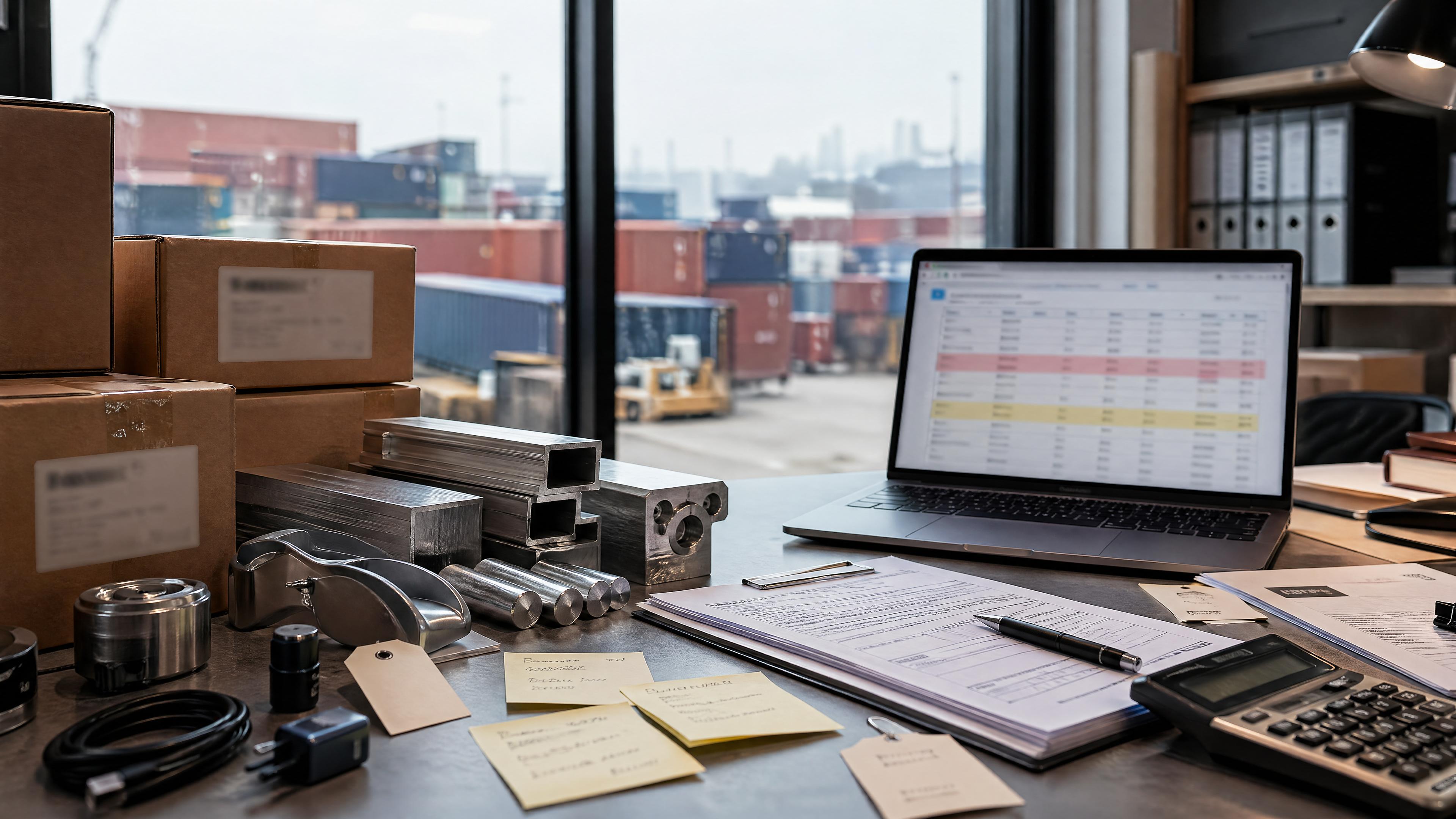 Editorial photo of import paperwork, product cartons, metal samples, and a blurred surtax spreadsheet for Canada-China import planning.