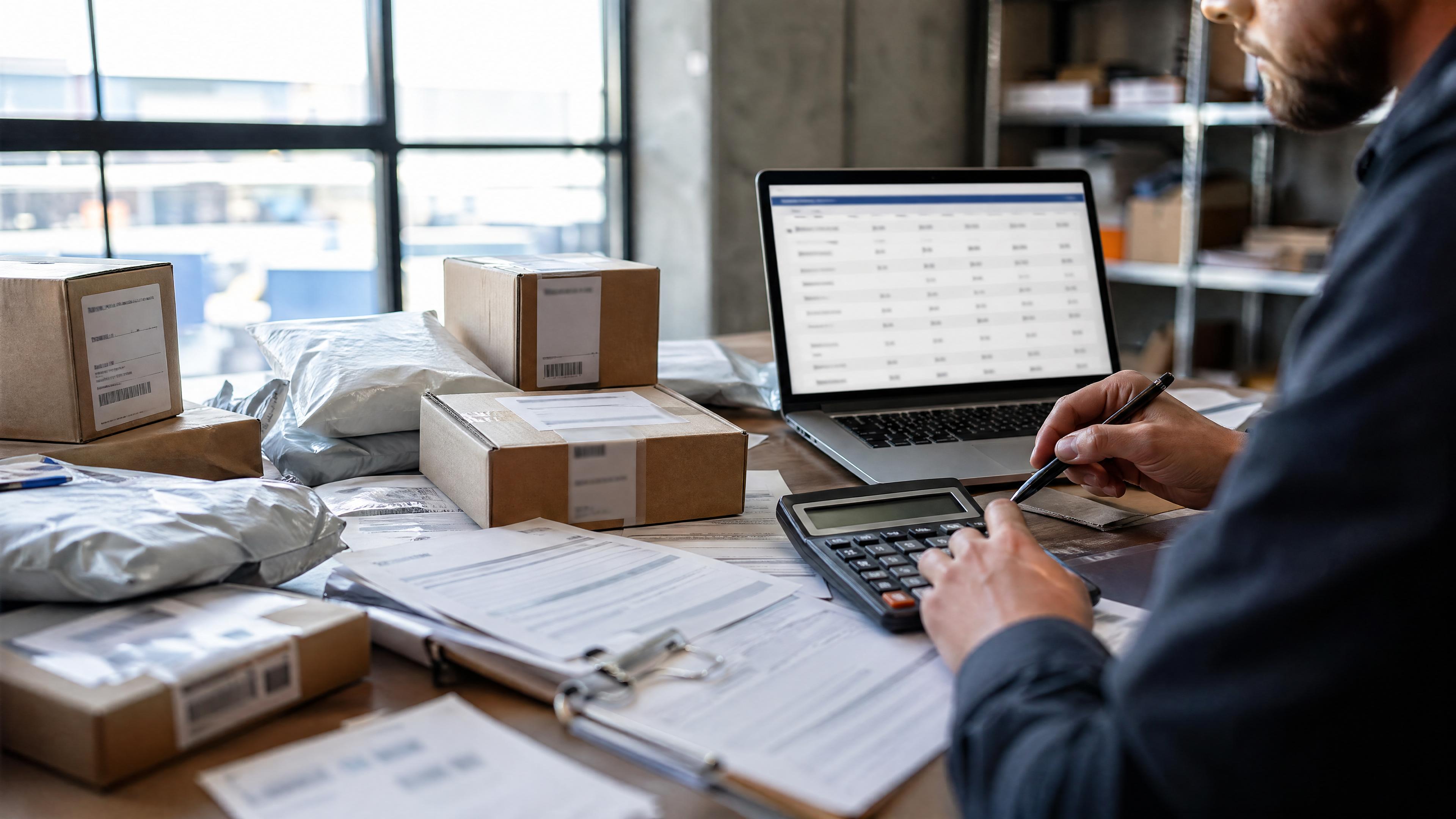 Editorial photo of small ecommerce parcels, customs forms, blurred barcode labels, a calculator, and a landed-cost table for low-value imports.
