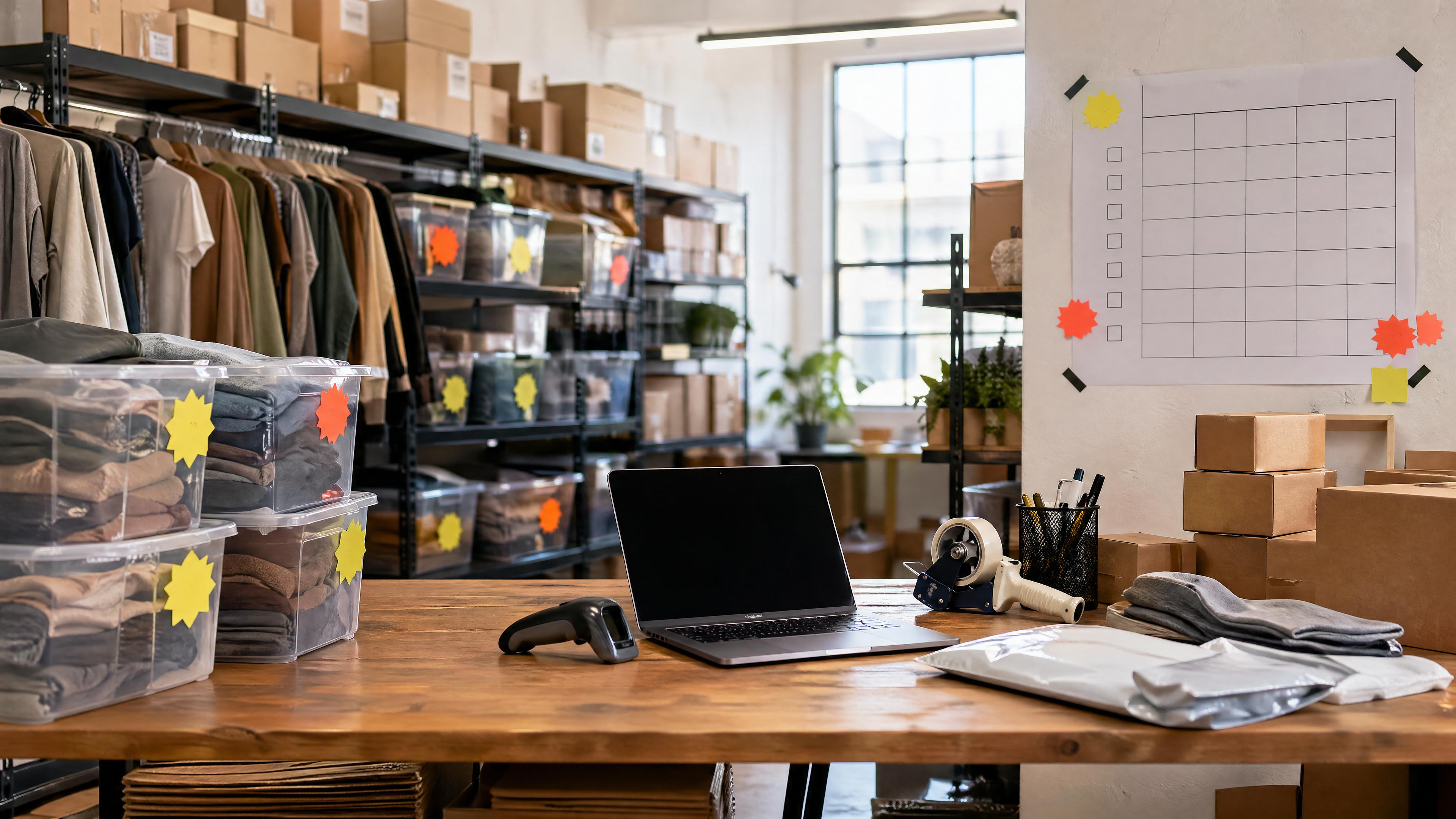 Editorial photo of an ecommerce stockroom with unsold goods, inventory bins, markdown stickers, a packing table, and a Q2 clearance planning sheet.