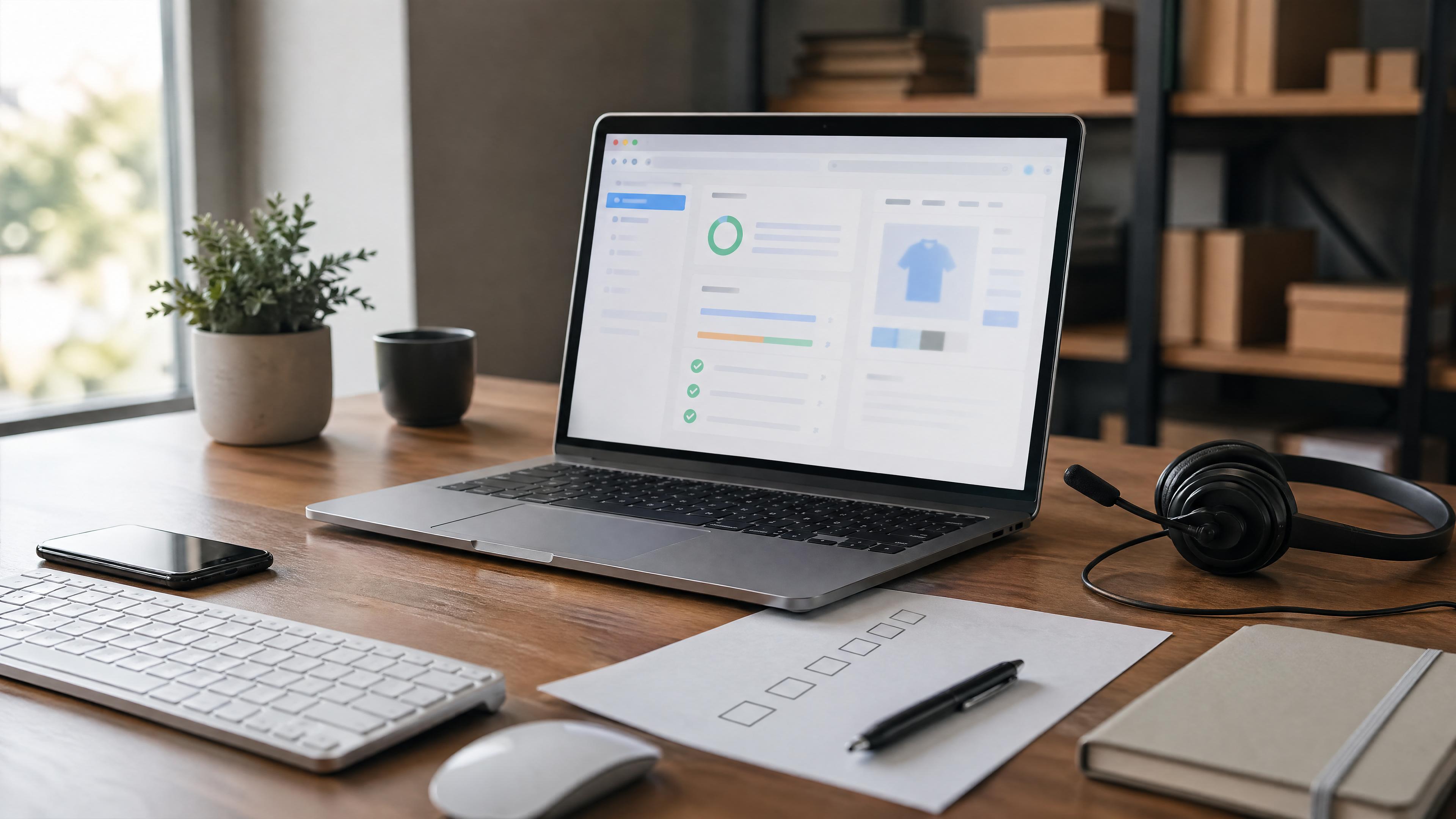 Editorial photo of an ecommerce accessibility audit workspace with a blurred storefront screen, keyboard, checklist, and assistive-technology cues.