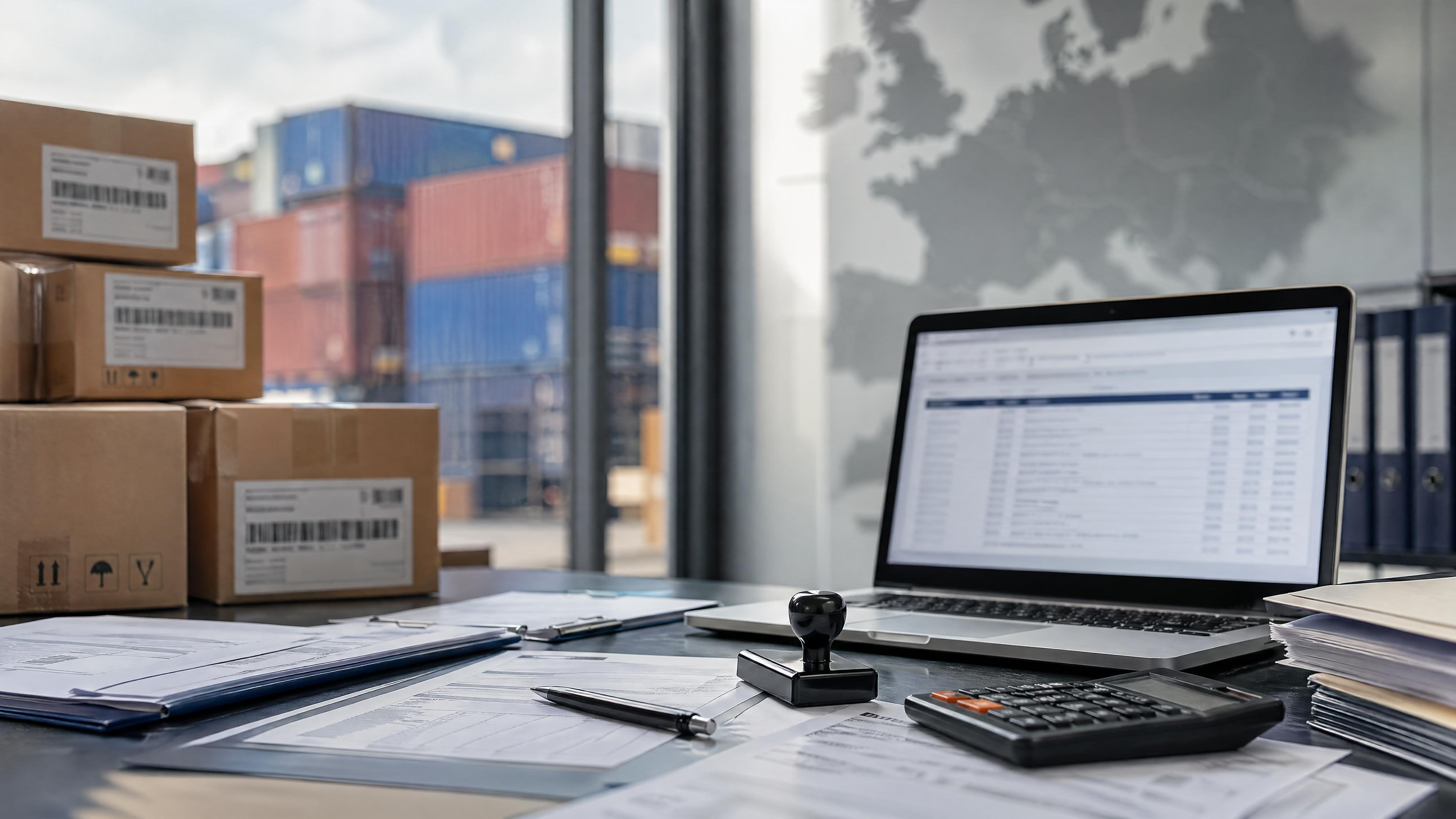 Editorial photo of European import operations with product cartons, classification paperwork, and a blurred tariff lookup screen.