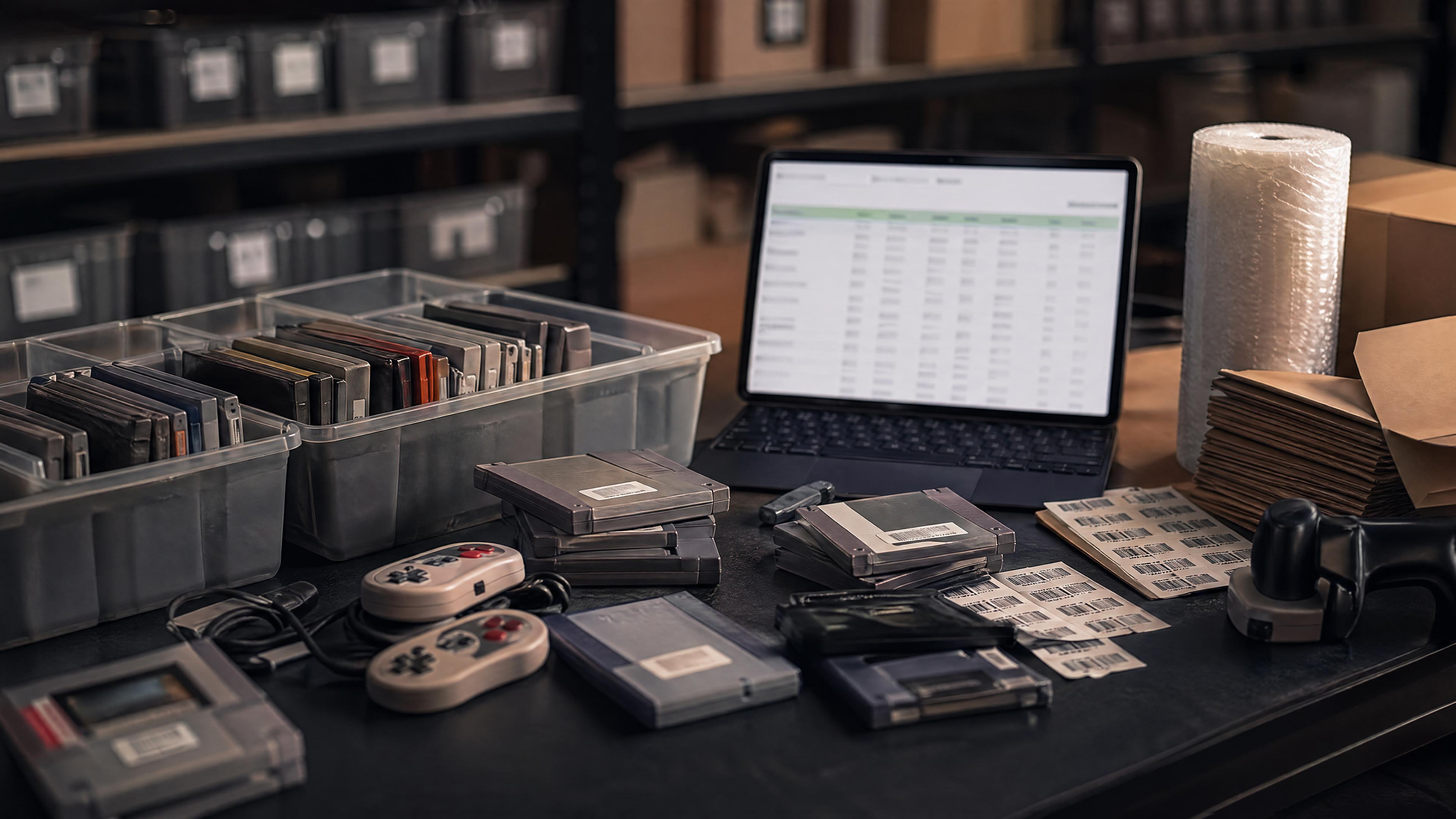 Editorial photo of retro gaming inventory, barcode labels, bins, and a blurred inventory screen representing long-tail stock management.