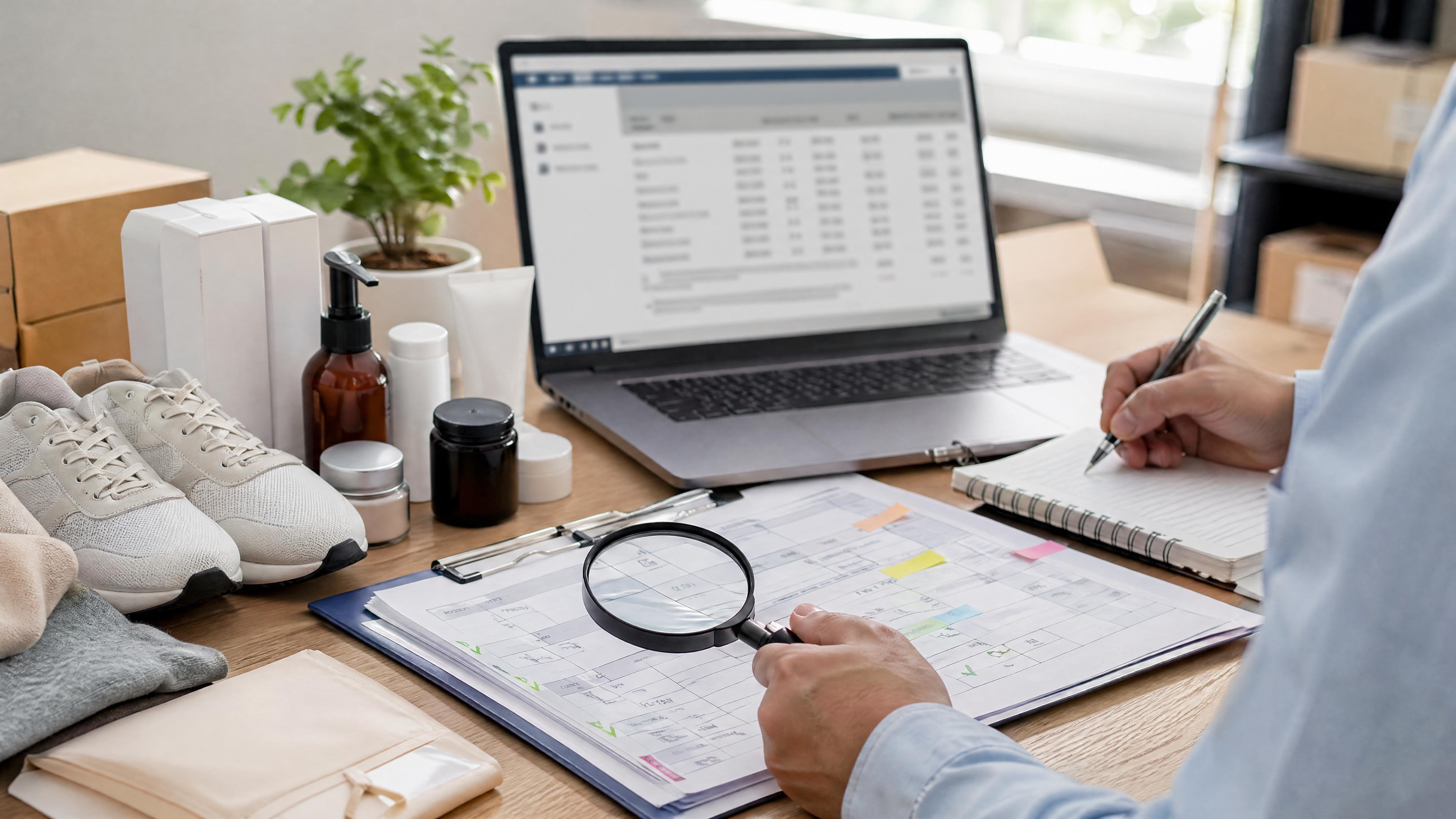 Editorial photo of product samples, customs classification paperwork, a magnifying glass, cartons, and a blurred tariff schedule for HTS code lookup.