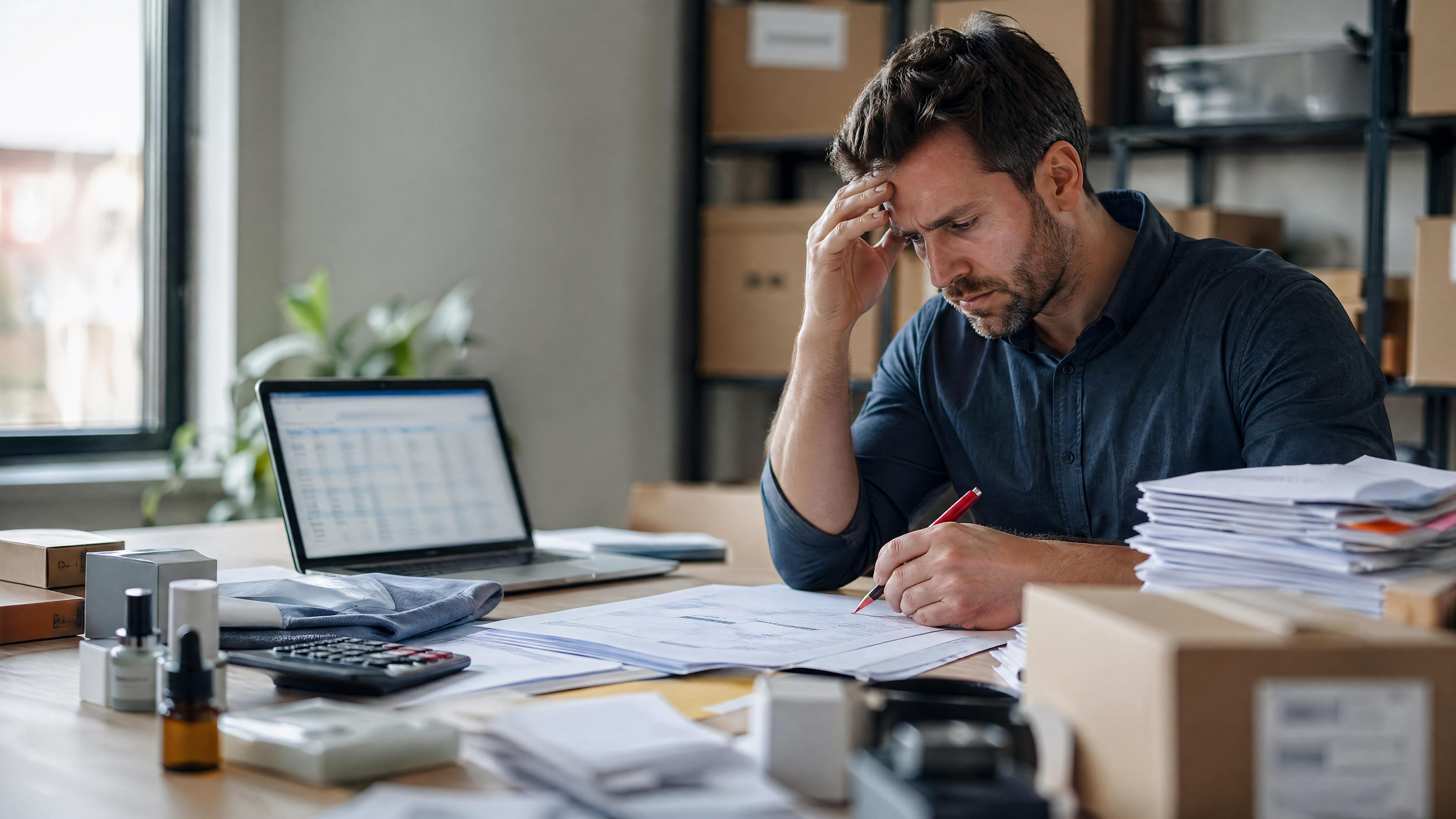 Editorial photo of product samples, customs paperwork, a calculator, and a blurred margin spreadsheet marked for an HTS duty-rate change.