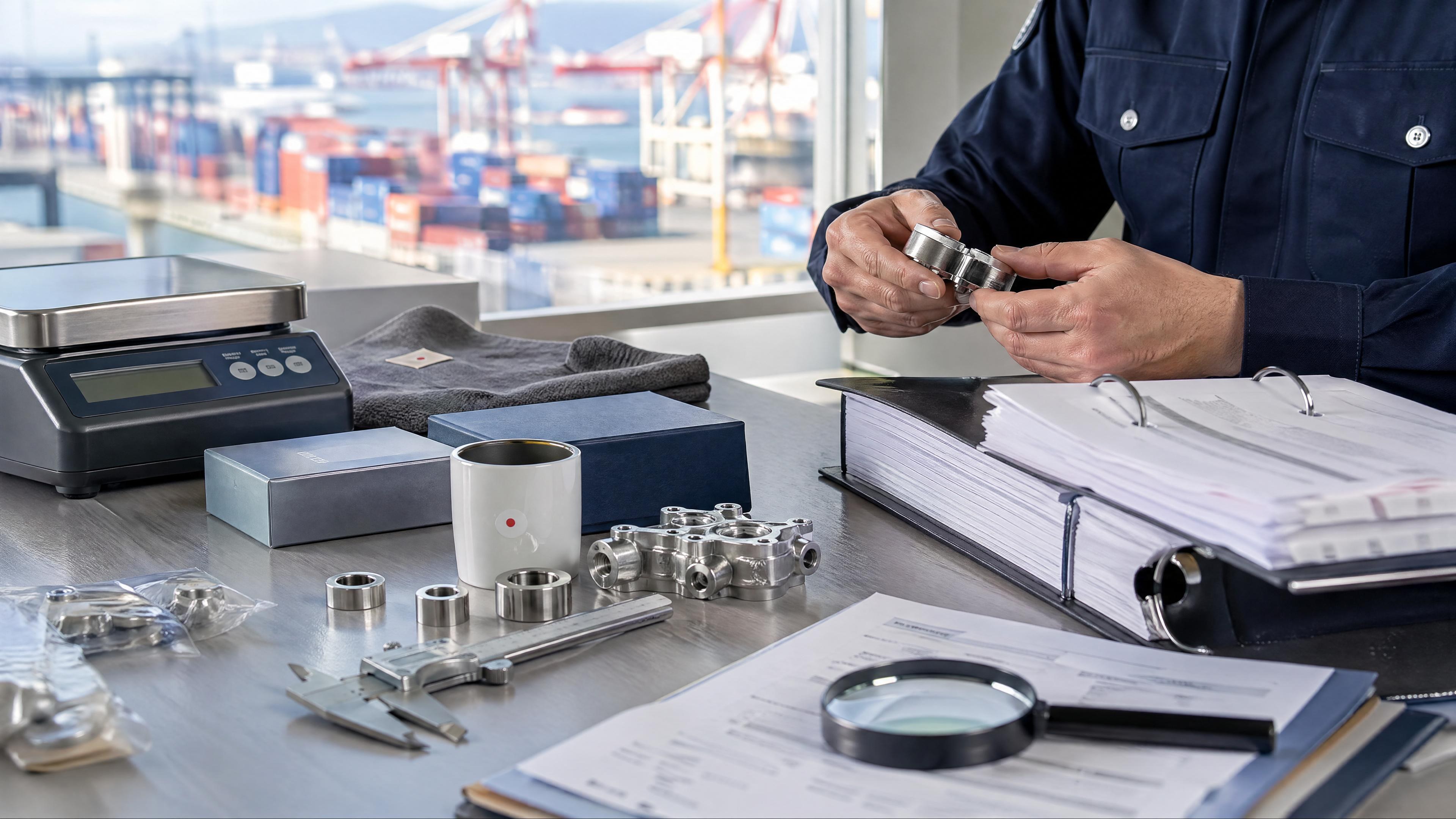 Editorial photo of a customs classification inspection table with Japanese-origin product samples, broker paperwork, a shipping scale, and HTS review materials for US import-duty planning.