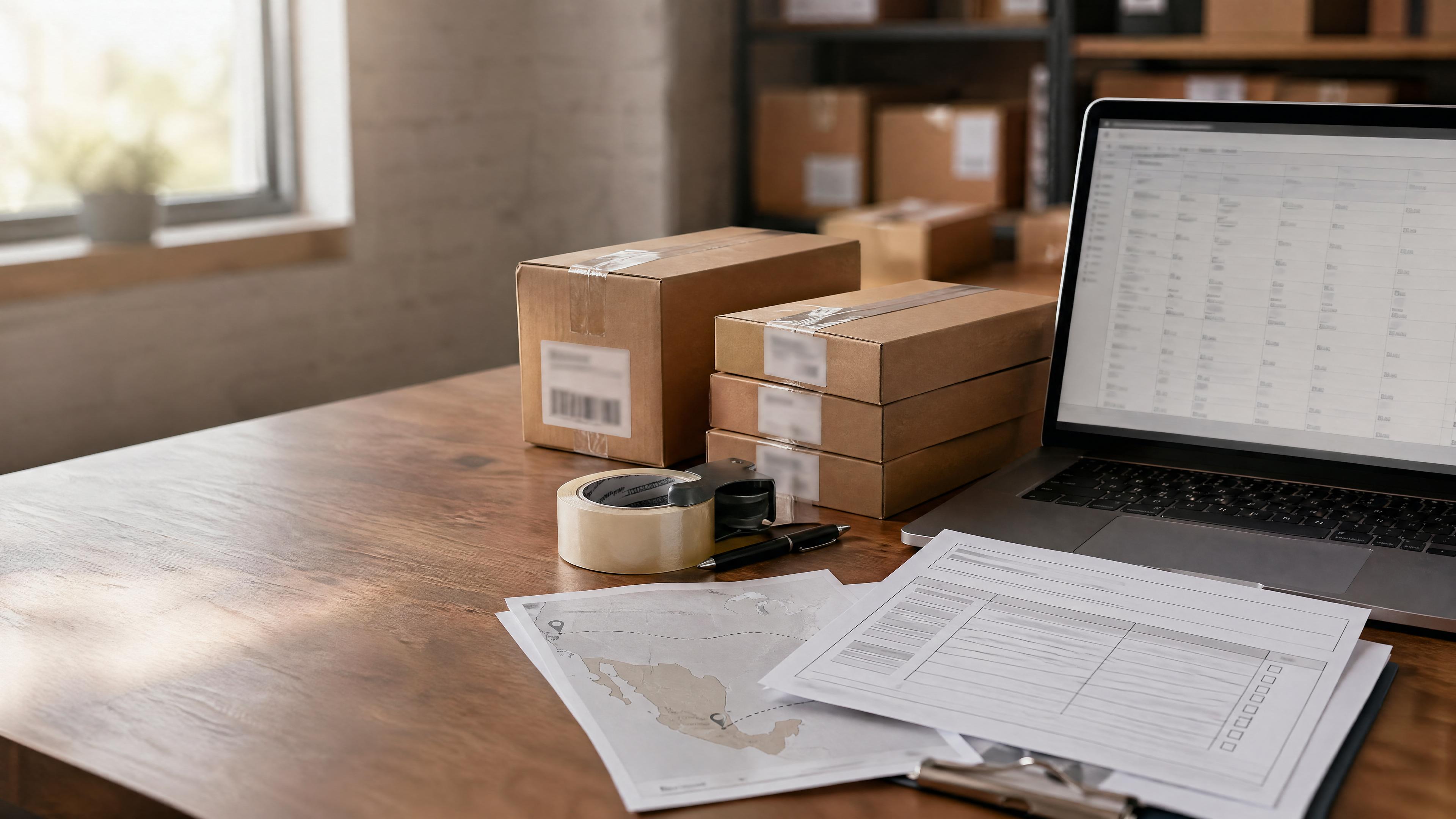 Editorial photo of ecommerce import paperwork, product cartons, and origin documents for US import duty from Mexico and USMCA landed-cost planning.
