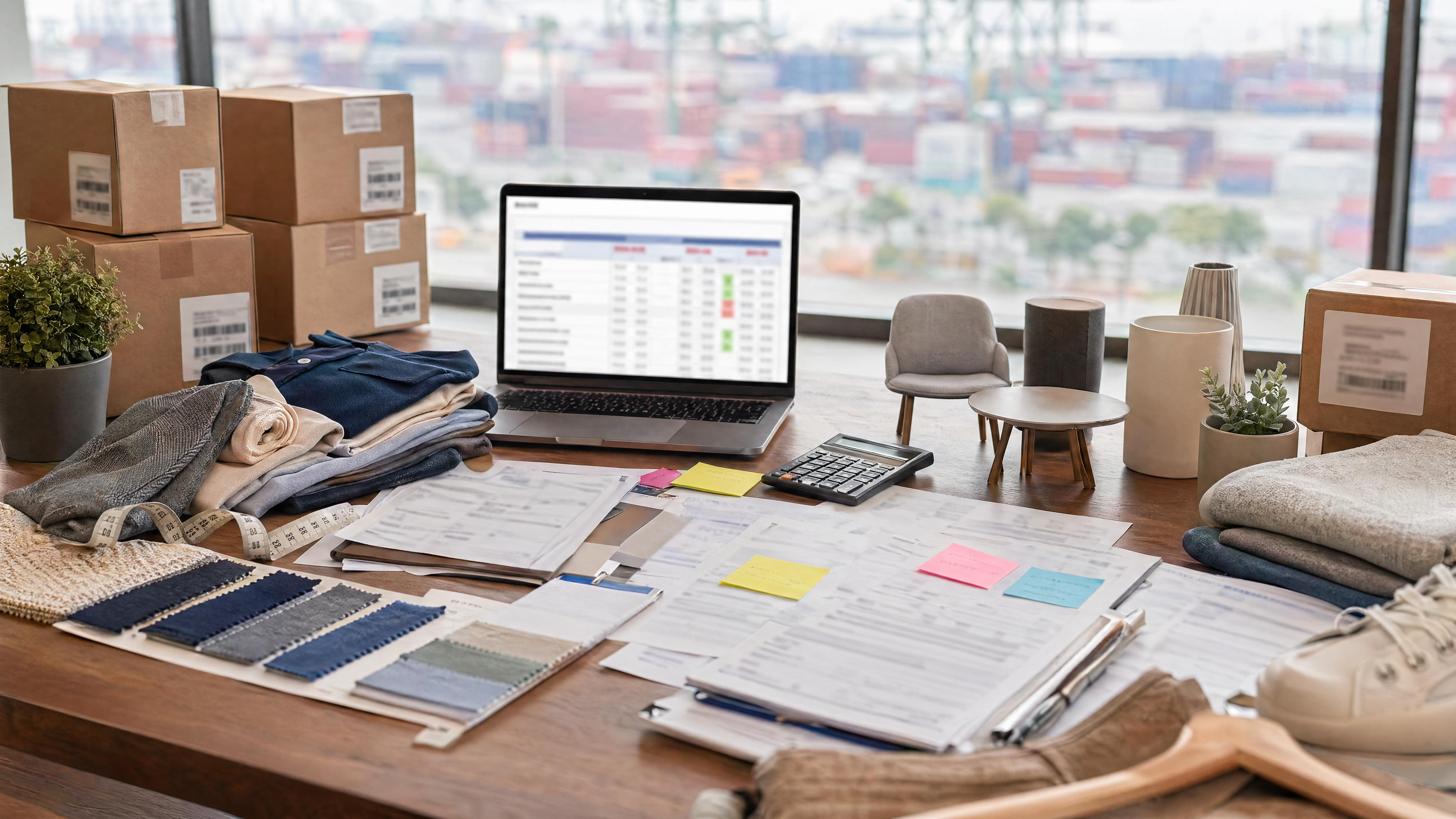 Editorial photo of Vietnam-to-US import planning with apparel samples, consumer goods, customs paperwork, cartons, and a blurred landed-cost comparison table.