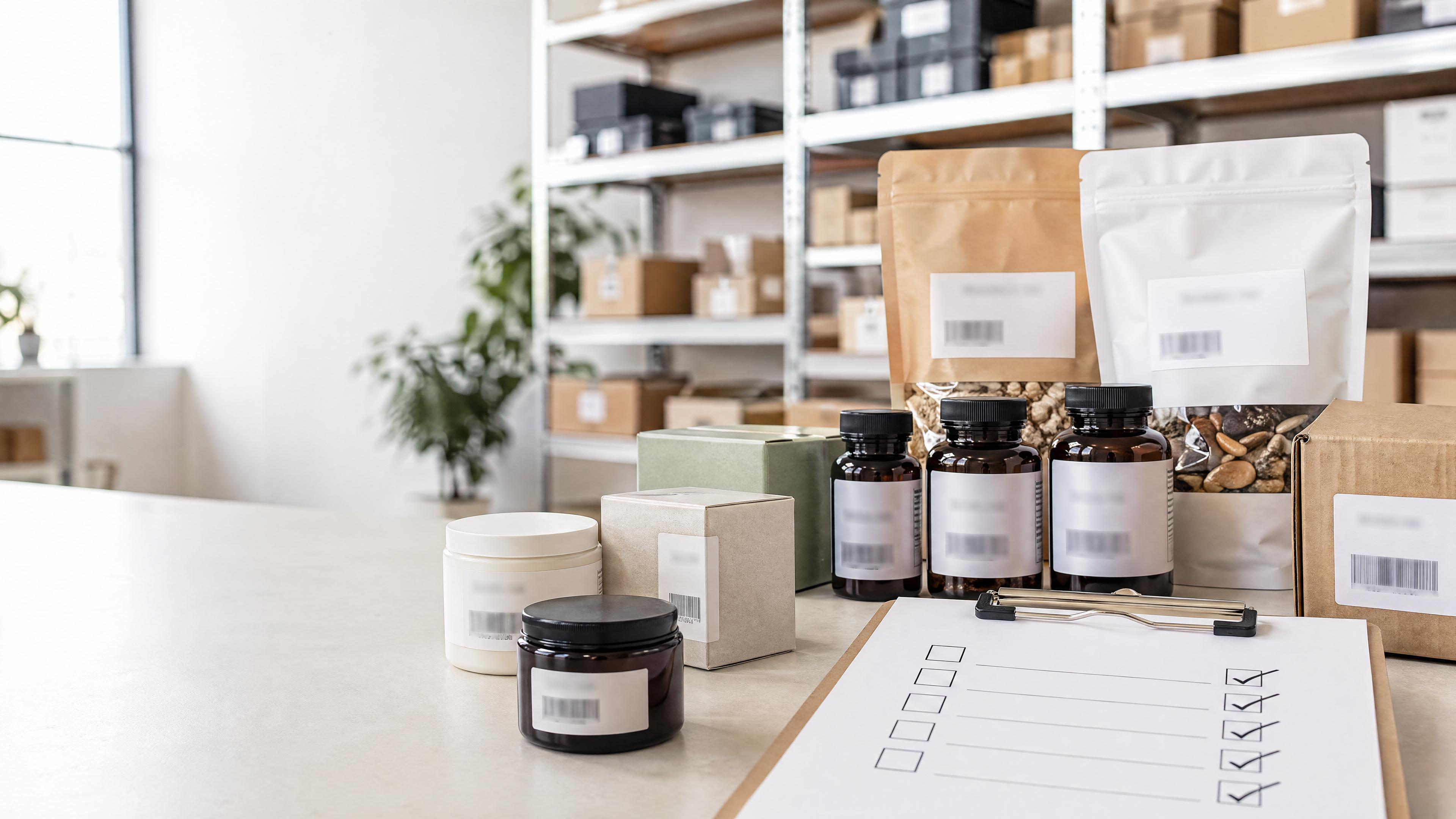 Editorial photo of packaged goods, lot labels, barcodes, and a warehouse checklist representing expiry date and batch management for Shopify.
