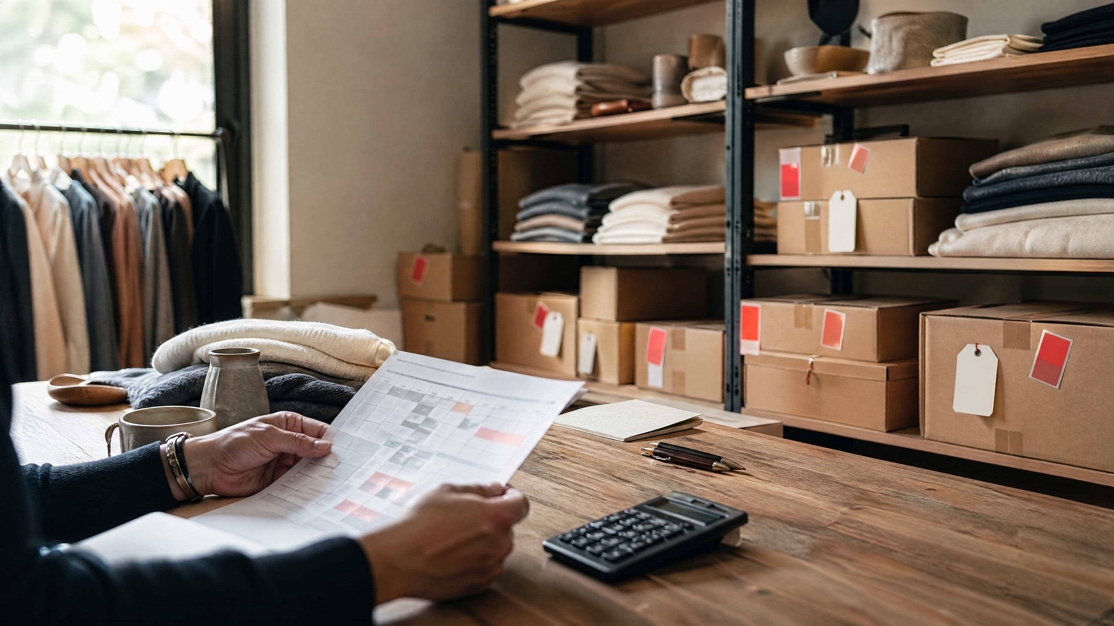 Editorial photo of unsold boxed inventory and a markdown planning sheet in a small retail stockroom, representing dead stock risk.