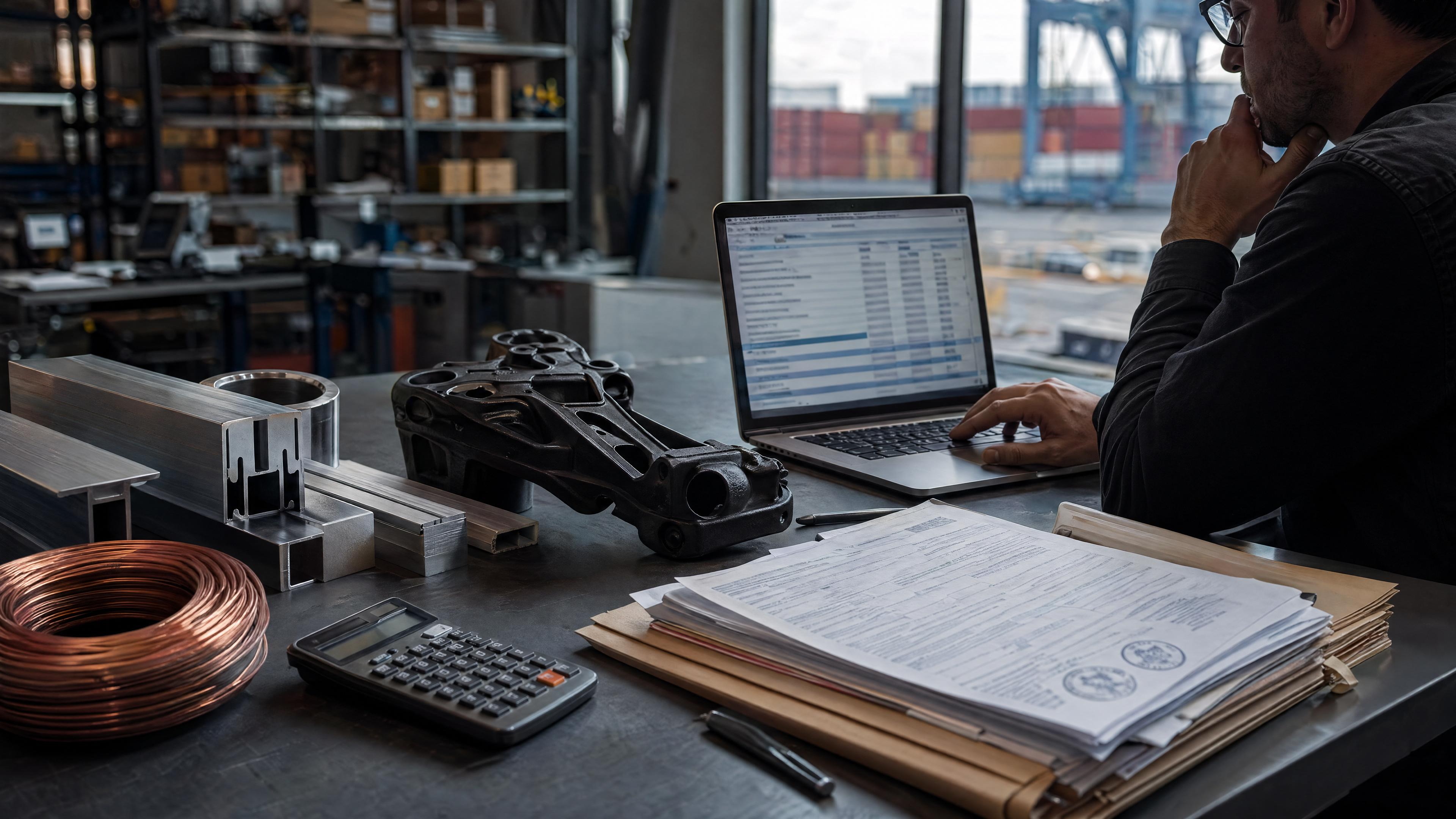 Editorial photo of steel, aluminum, copper, and auto-component samples with customs documents and a blurred tariff-stacking spreadsheet.