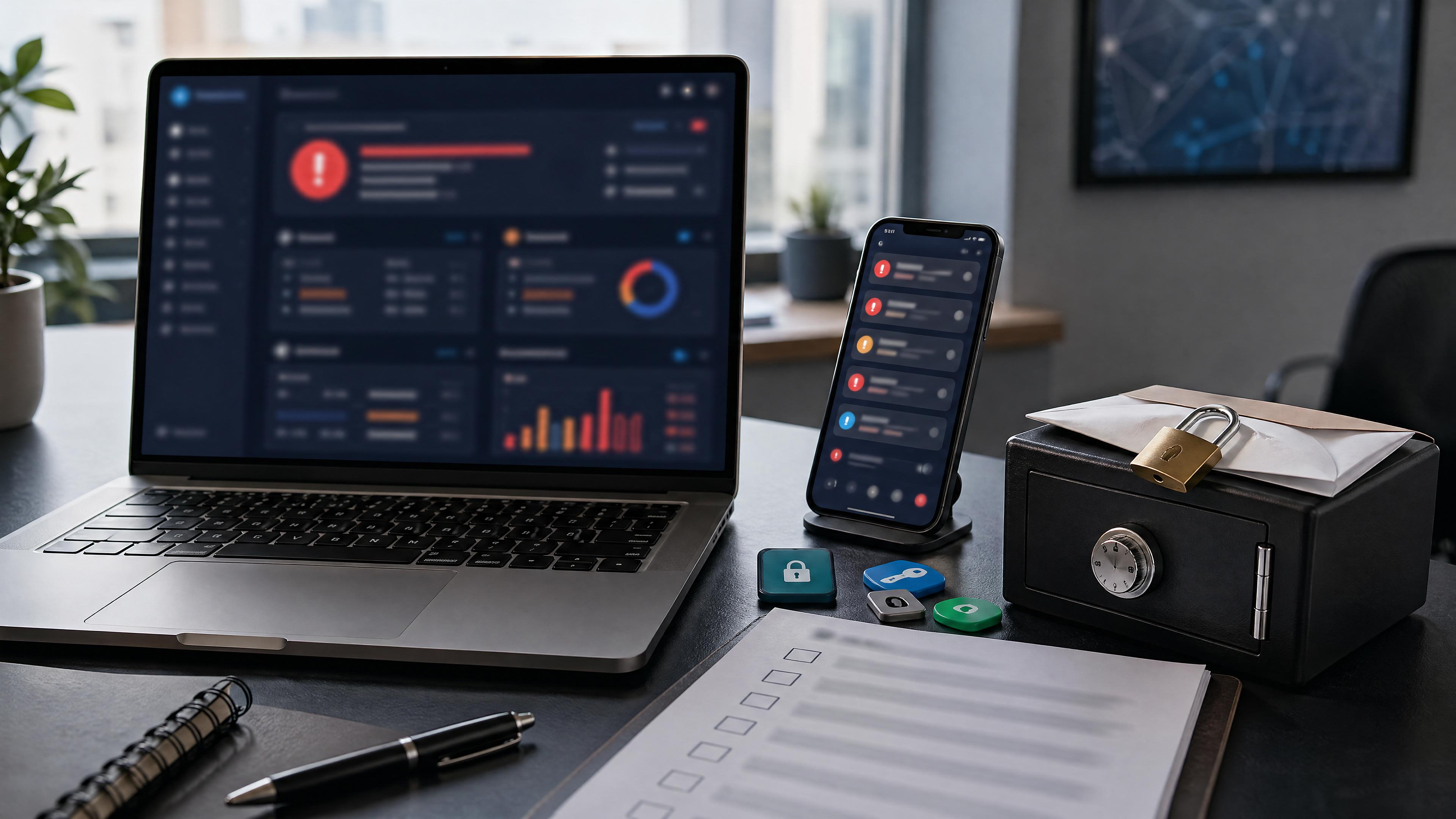 Editorial photo of an ecommerce security desk with a blurred admin alert dashboard, phone notification flood shapes, authenticator cues, and recovery-code storage.
