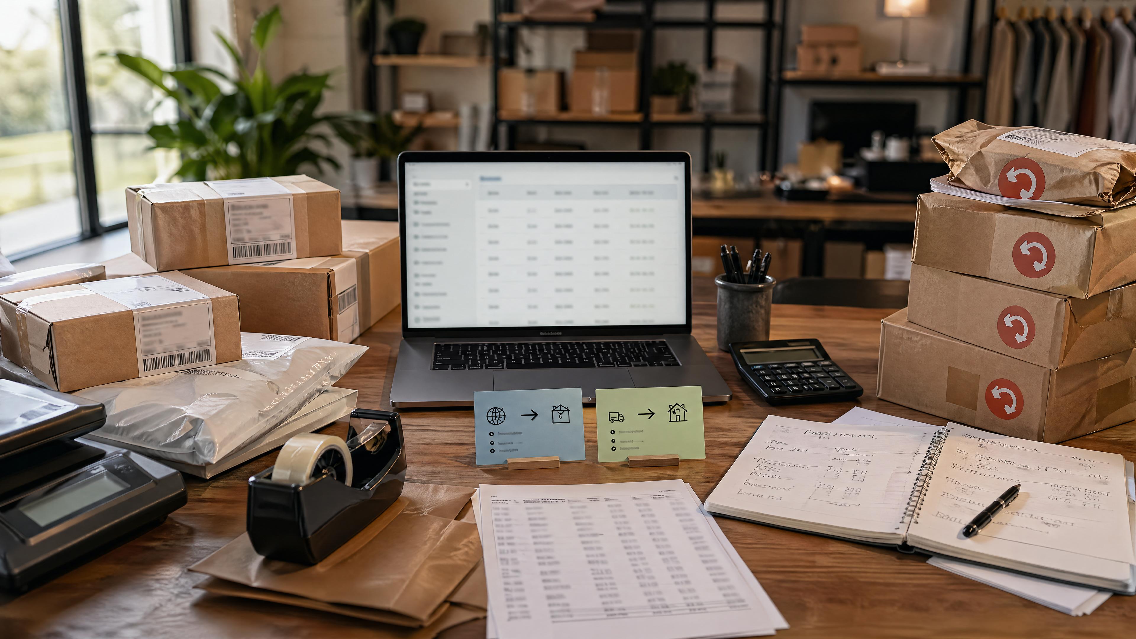 Editorial photo of ecommerce international parcels, customs forms, product cartons, and a blurred checkout shipping-cost table for Shopify import duties.