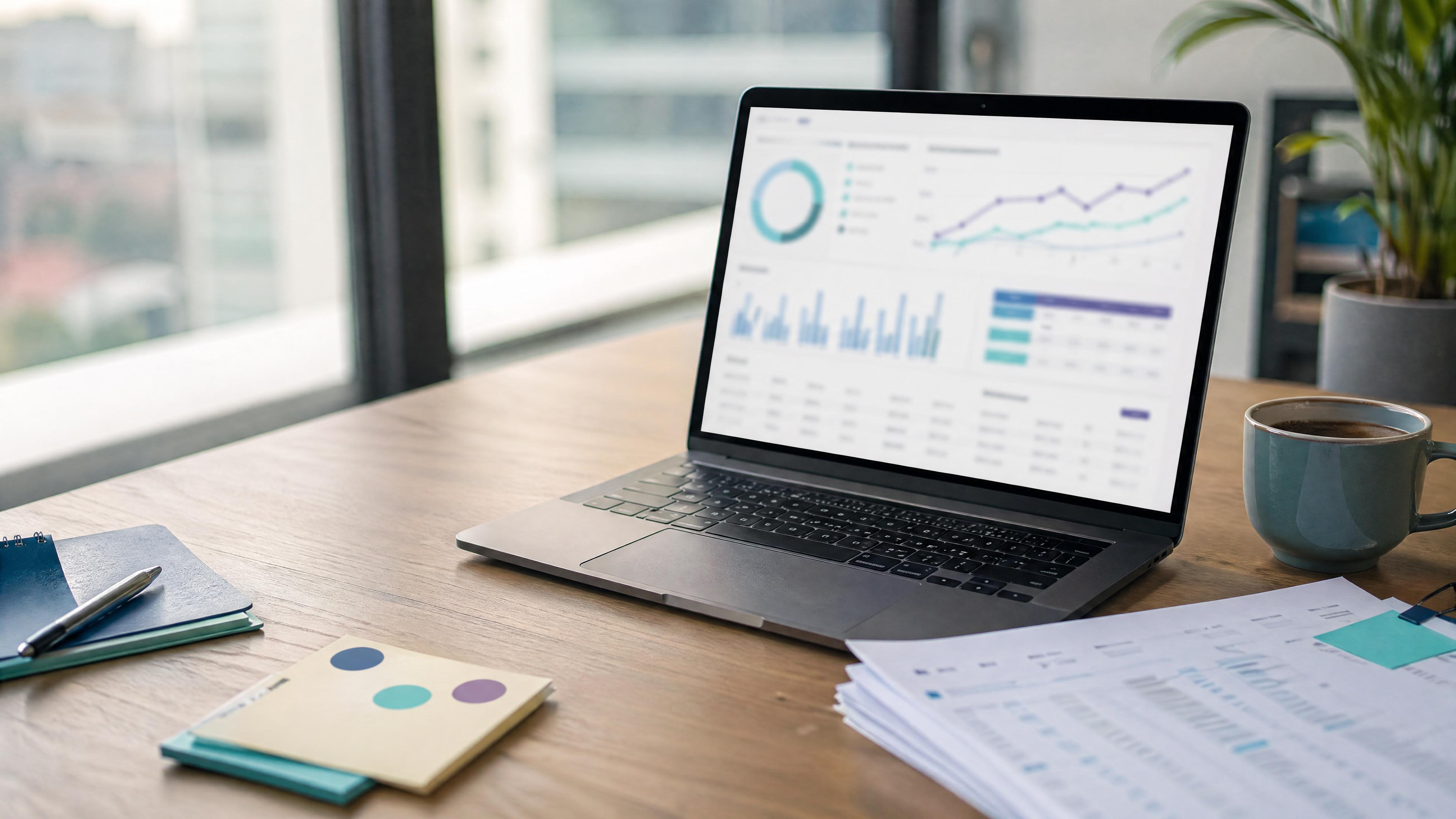 Editorial photo of an ecommerce analytics desk with blurred dashboards and order notes, representing ShopifyQL MATCHES customer behavior reporting.