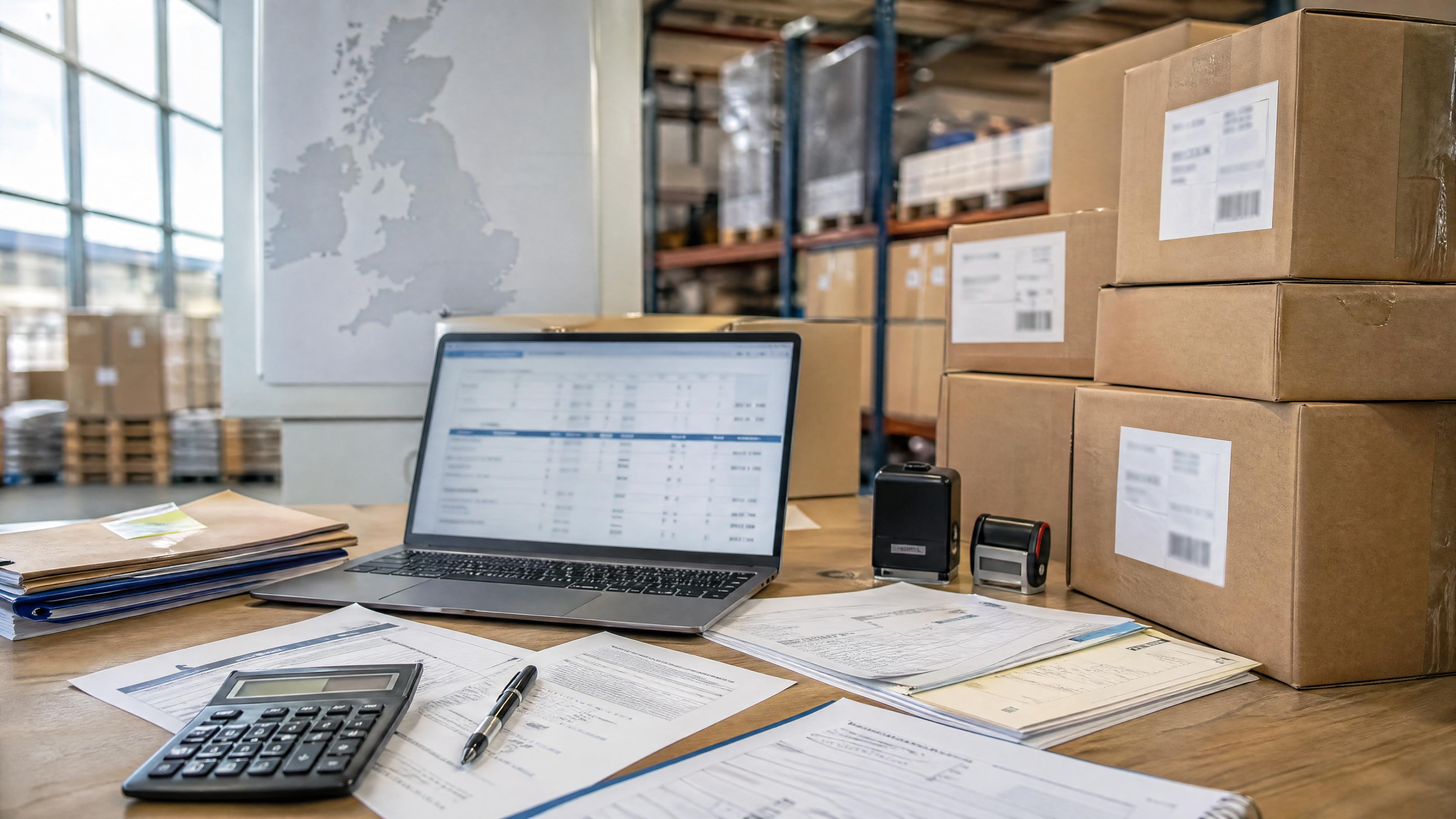 Editorial photo of UK import duty paperwork, product cartons, customs documents, and a blurred landed-cost spreadsheet after Brexit.