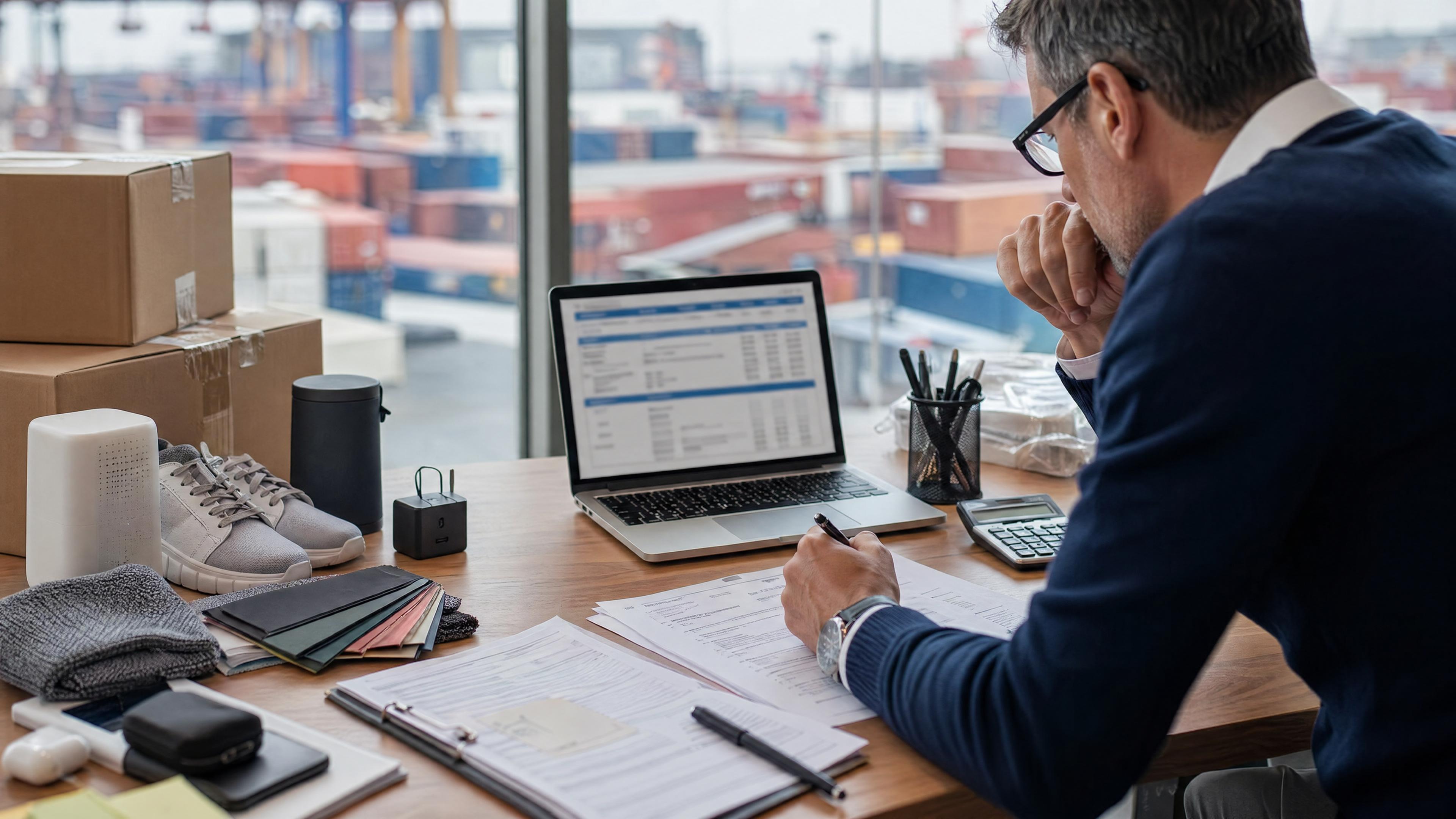 Editorial photo of China import planning with consumer product samples, customs paperwork, cartons, a calculator, and a blurred stacked tariff model.
