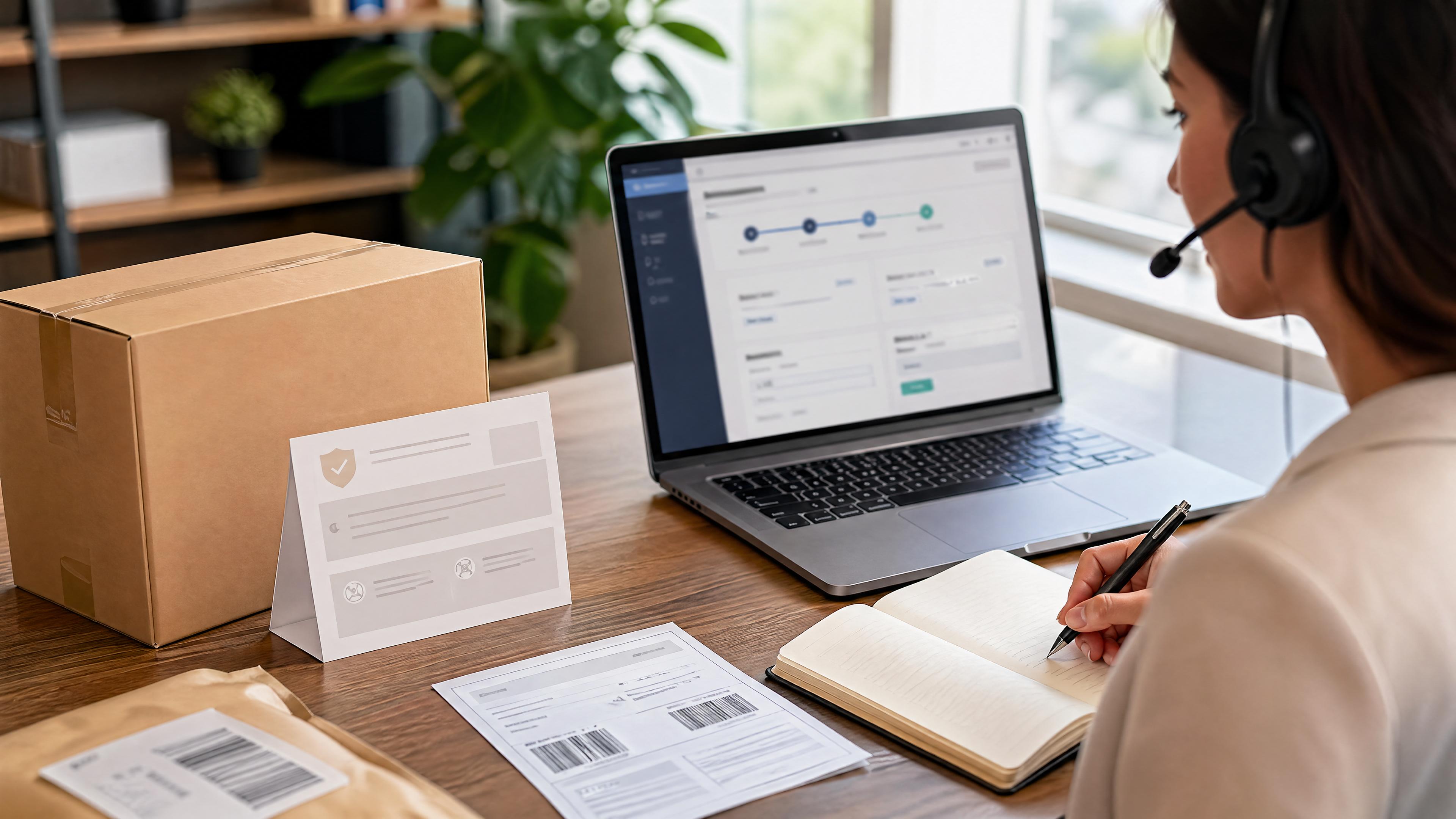 Editorial photo of an ecommerce support desk with a boxed product, warranty card, return label shapes, and a blurred self-service claim portal.