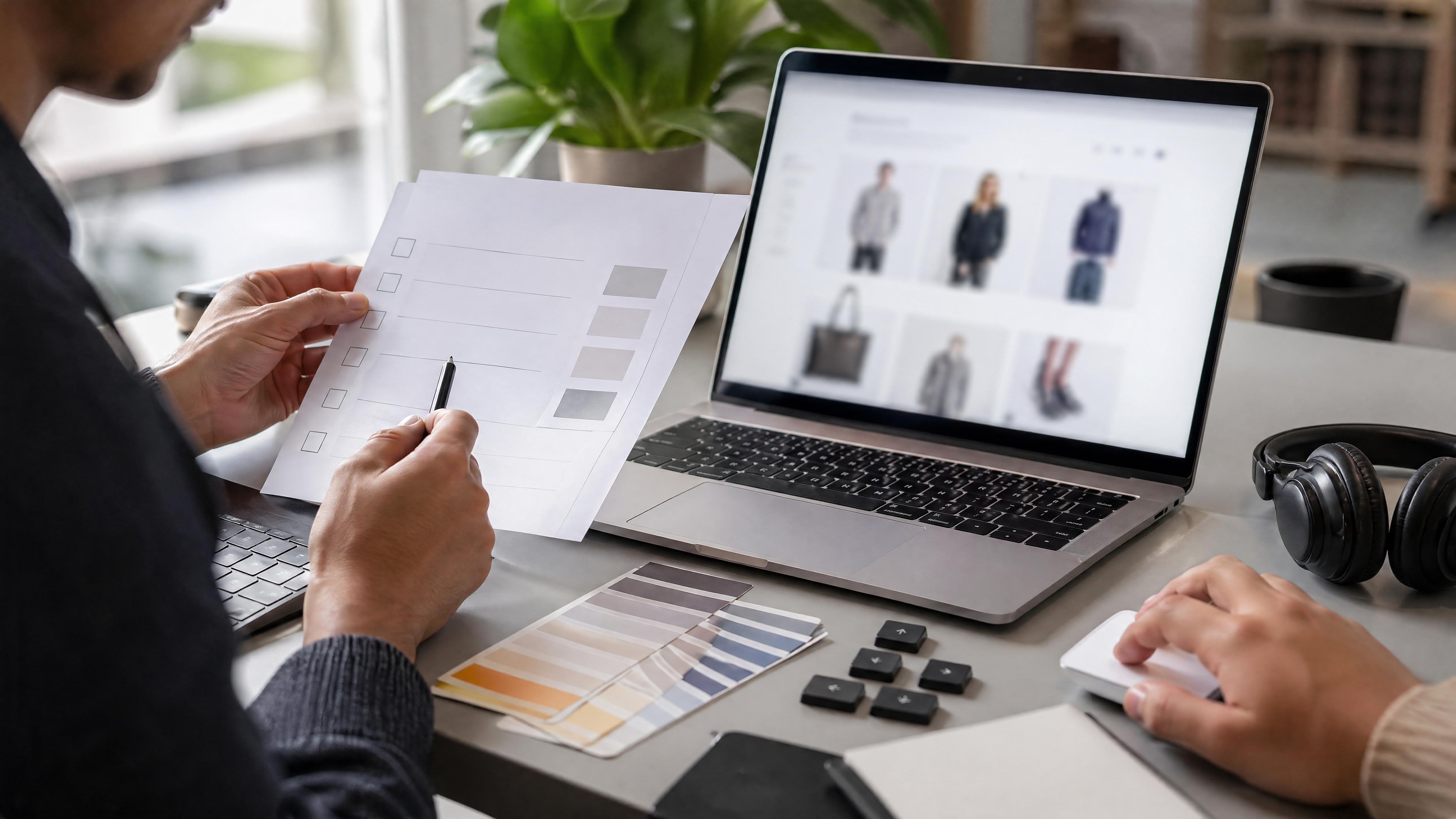 Editorial photo of an ecommerce accessibility audit desk with a blurred product page, checklist, contrast swatches, keyboard keys, and headphones.