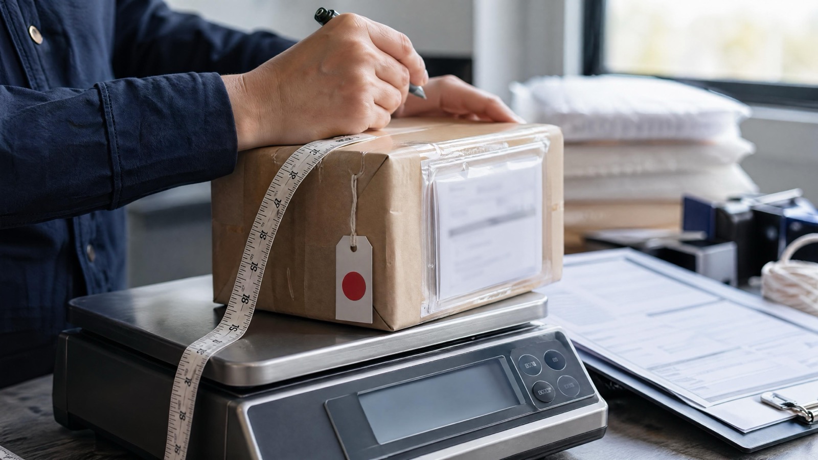 Package weighing desk with shipping paperwork for merchant cost planning